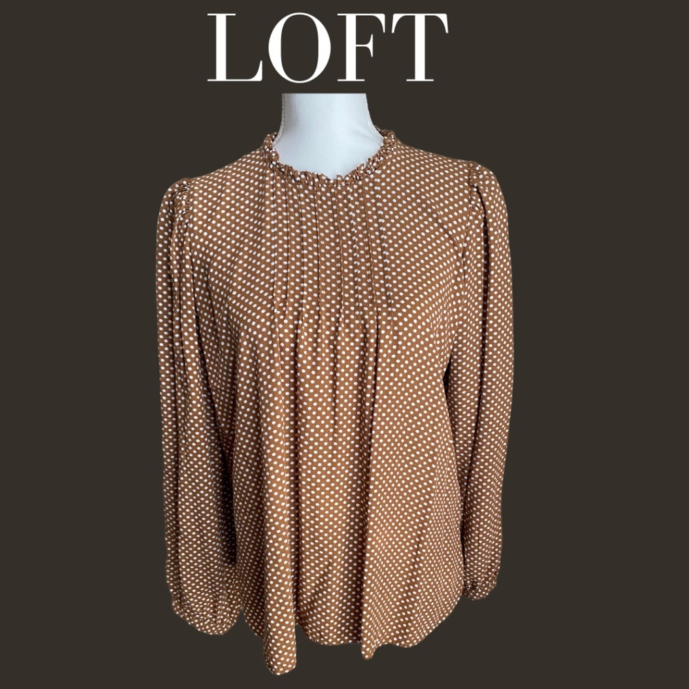 Loft Polka Dotted Pintucked Blouse Brown Medium